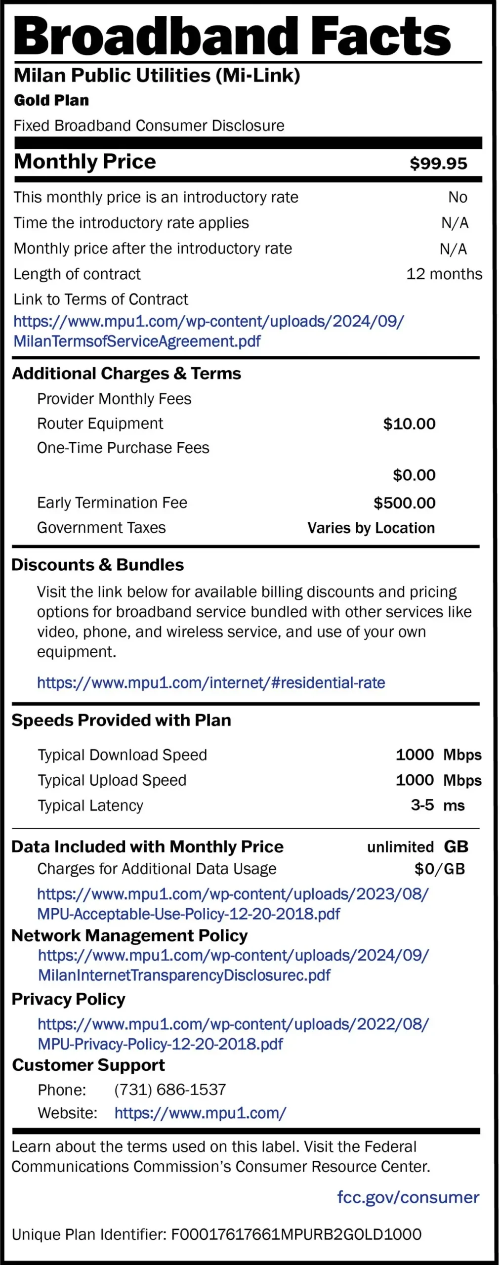 Milan Utilities Gold BroadBand Facts Label c