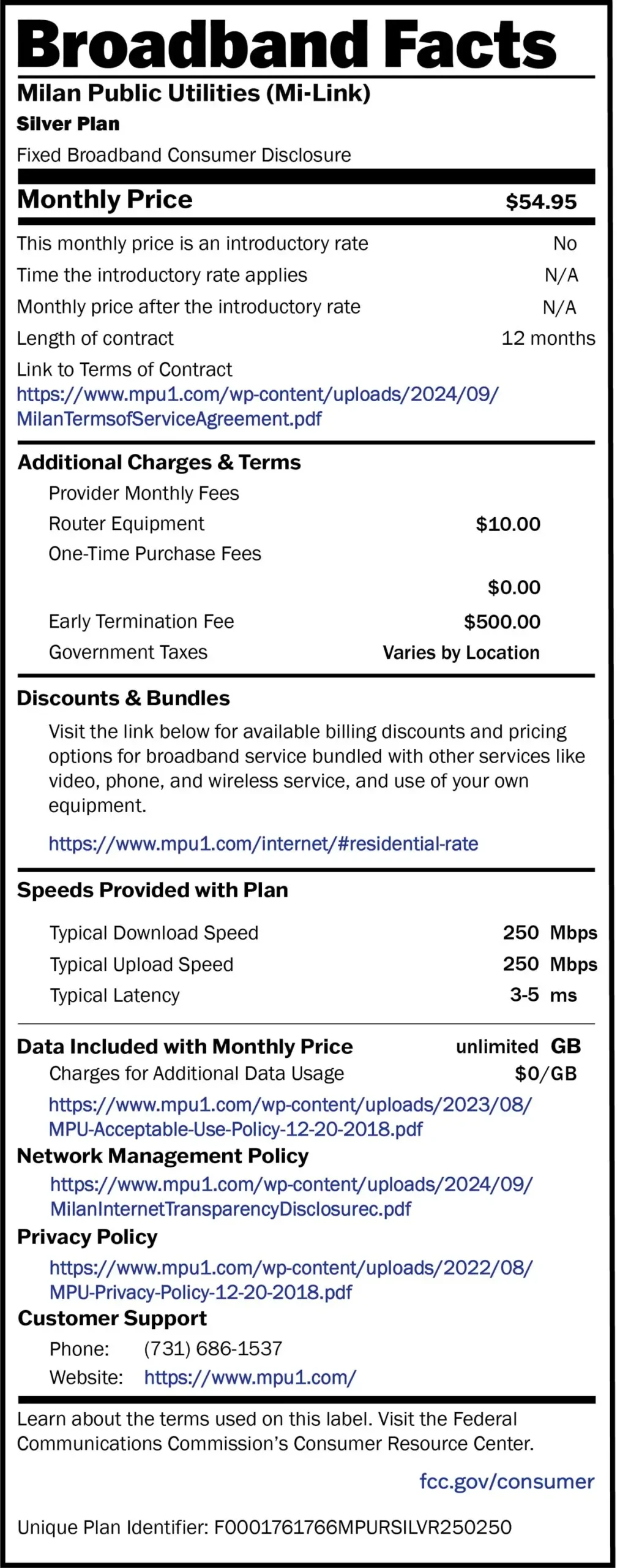 Milan Utilities Silver BroadBand Facts Label c